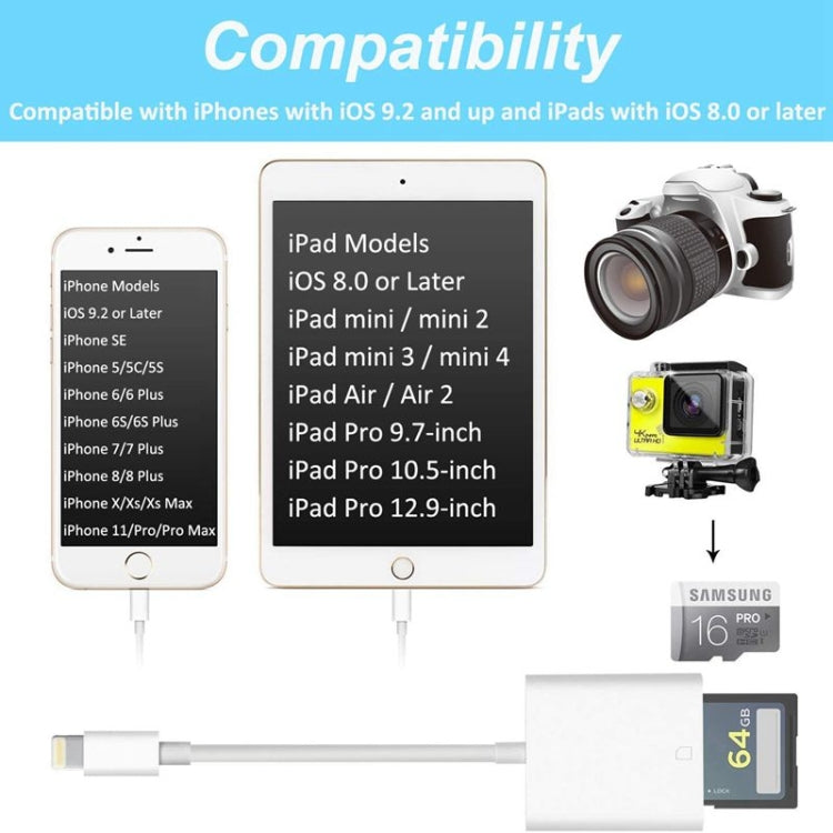 ZS-KL21810 8 Pin to SD Card Camera Card Reader Adapter, Support All iOS System, SD Card Slot