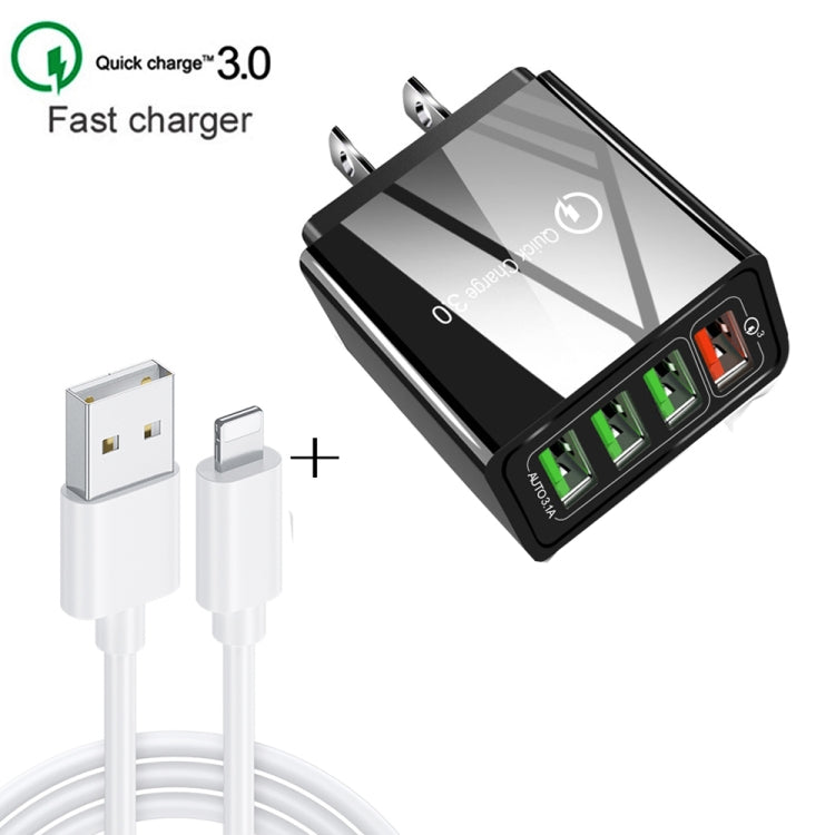 2 in 1 1m USB to 8 Pin Data Cable + 30W QC 3.0 4 USB Interfaces Mobile Phone Tablet PC Universal Quick Charger Travel Charger Set, US Plug, 8 Pin Set US Plug