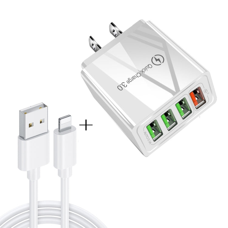 2 in 1 1m USB to 8 Pin Data Cable + 30W QC 3.0 4 USB Interfaces Mobile Phone Tablet PC Universal Quick Charger Travel Charger Set, US Plug, 8 Pin Set US Plug