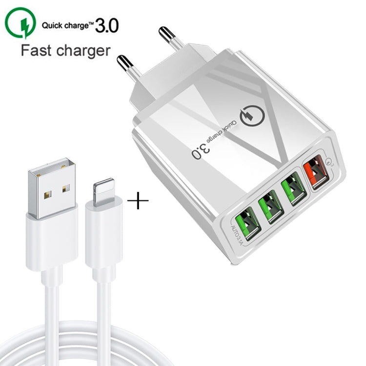 2 in 1 1m USB to 8 Pin Data Cable + 30W QC 3.0 4 USB Interfaces Mobile Phone Tablet PC Universal Quick Charger Travel Charger Set, EU Plug, 8 Pin Set EU Plug