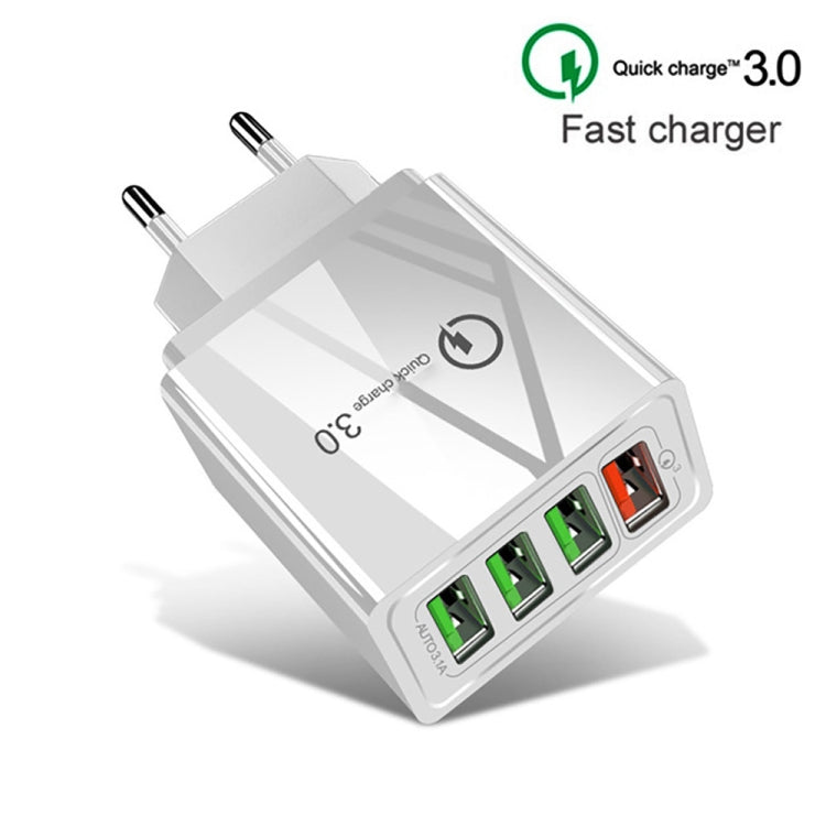 2 in 1 1m USB to 8 Pin Data Cable + 30W QC 3.0 4 USB Interfaces Mobile Phone Tablet PC Universal Quick Charger Travel Charger Set, EU Plug, 8 Pin Set EU Plug