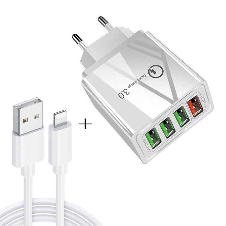 2 in 1 1m USB to 8 Pin Data Cable + 30W QC 3.0 4 USB Interfaces Mobile Phone Tablet PC Universal Quick Charger Travel Charger Set, EU Plug, 8 Pin Set EU Plug