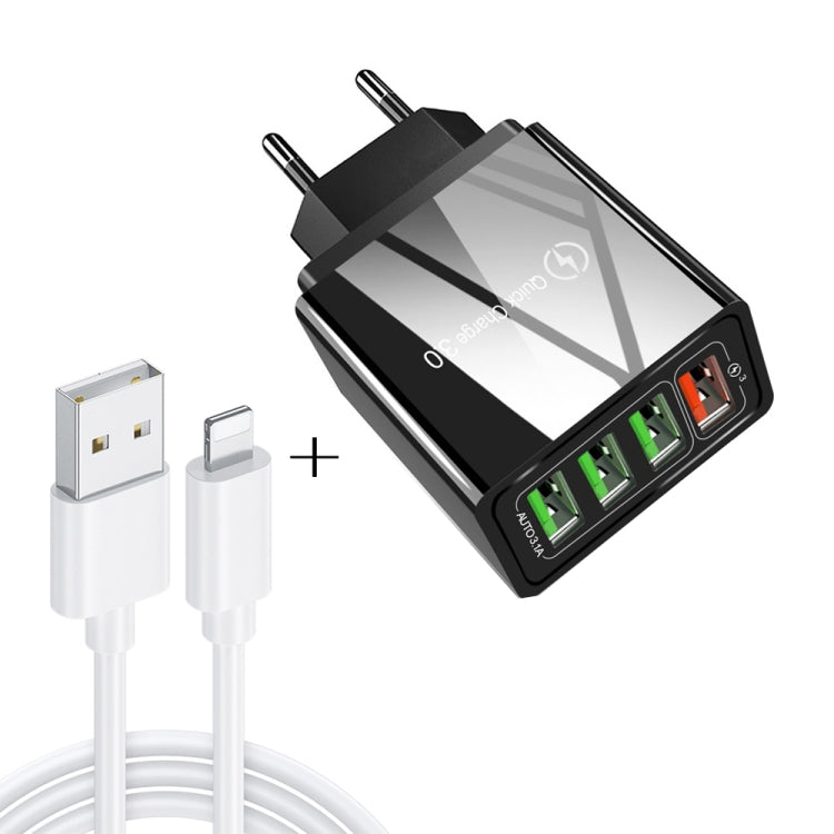 2 in 1 1m USB to 8 Pin Data Cable + 30W QC 3.0 4 USB Interfaces Mobile Phone Tablet PC Universal Quick Charger Travel Charger Set, EU Plug, 8 Pin Set EU Plug