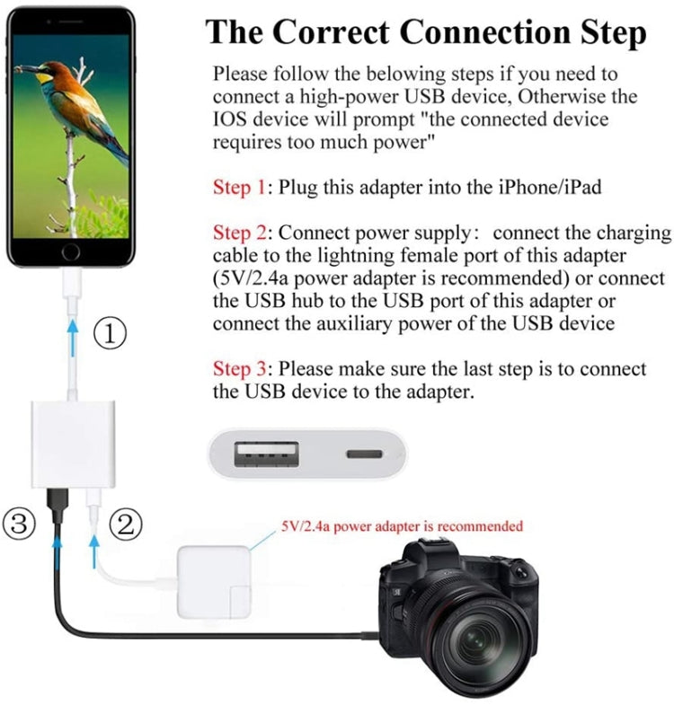 ZS-KL21806 2 in 1 8 Pin to USB 3.0 + Camera USB Read OTG Adapter, Compatible with IOS 13 and Above System