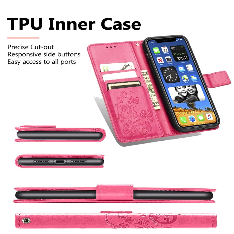 Four-leaf Clasp Embossed Buckle Mobile Phone Protection Leather Case with Lanyard & Card Slot & Wallet & Bracket Function