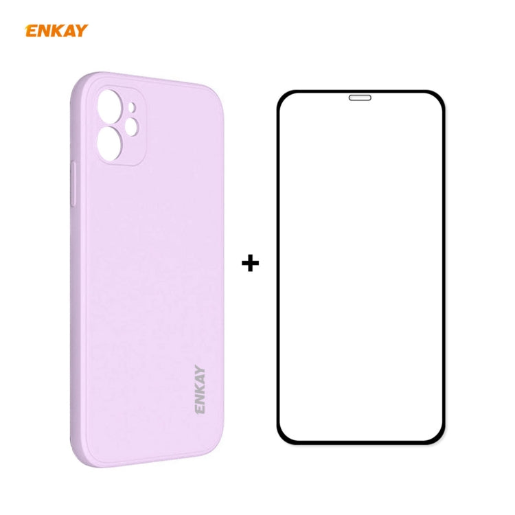 For iPhone 11 Hat-Prince ENKAY ENK-PC0642 Liquid Silicone Straight Edge Shockproof Protective Case + 0.26mm 9H 2.5D Full Glue Full Coverage Tempered Glass Protector Film, For iPhone 11