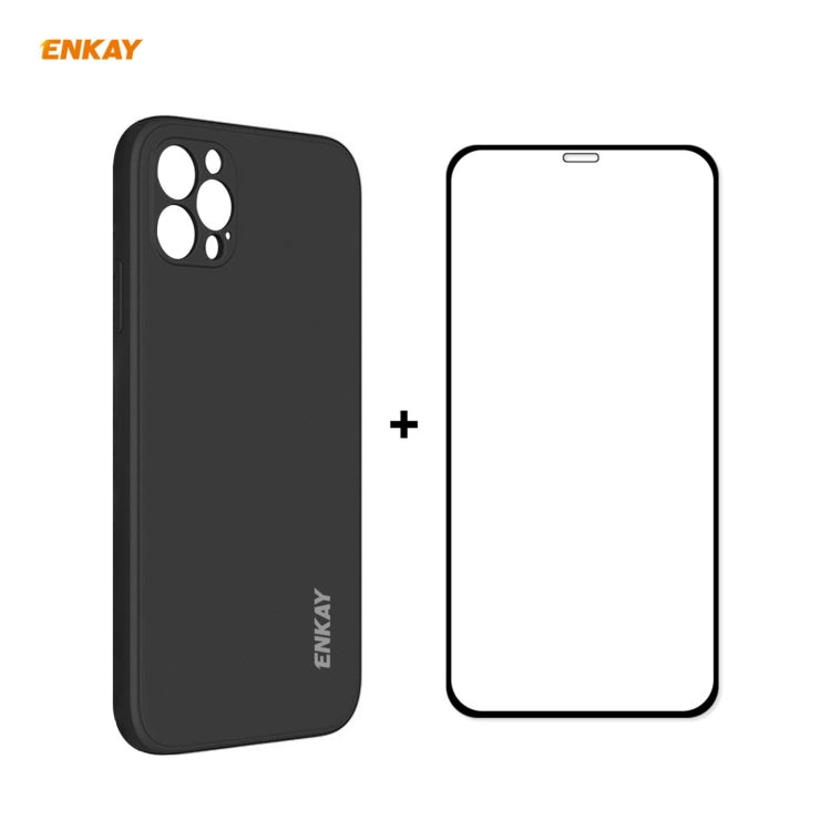 For iPhone 12 Pro Hat-Prince ENKAY ENK-PC0692 Liquid Silicone Straight Edge Shockproof Case + 0.26mm 9H 2.5D Full Glue Tempered Glass Film, For iPhone 12 Pro