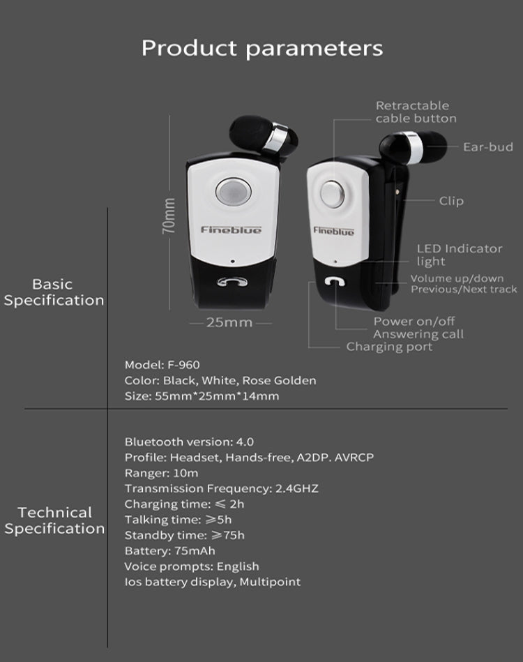 F960 CSR4.1 Retractable Cable Caller Vibration Reminder Anti-theft Bluetooth Headset, Black, White, Silver