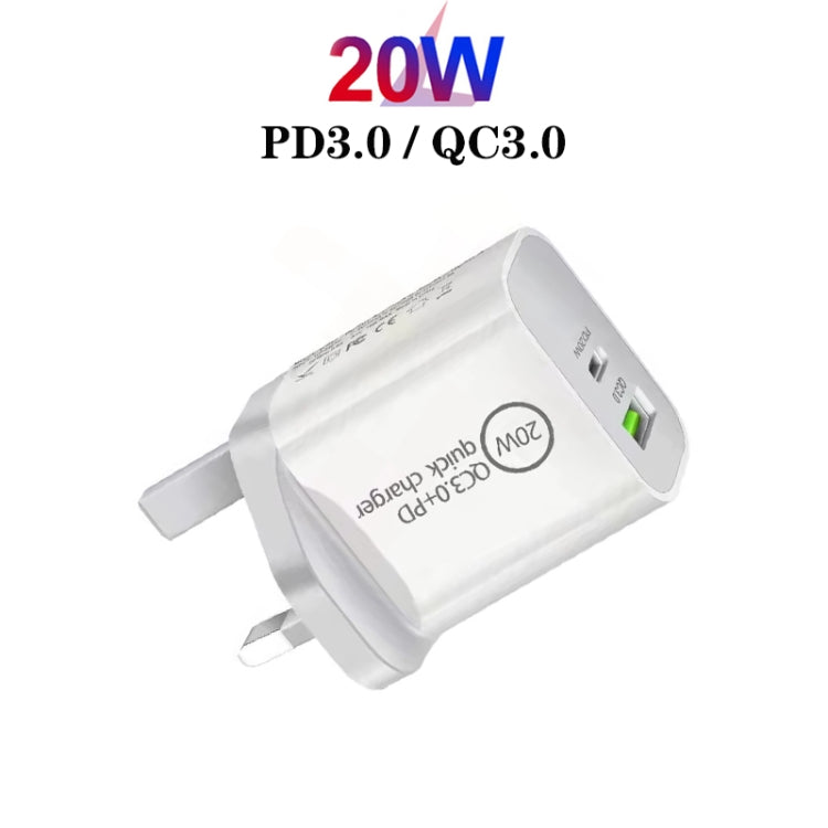 SDC-20WA+C 20W PD + QC 3.0 USB Dual Fast Charging Universal Travel Charger with Type-C / USB-C to 8 Pin Fast Charging Data Cable, UK Plug, Type-C / USB-C to 8 Pin (UK Plug)
