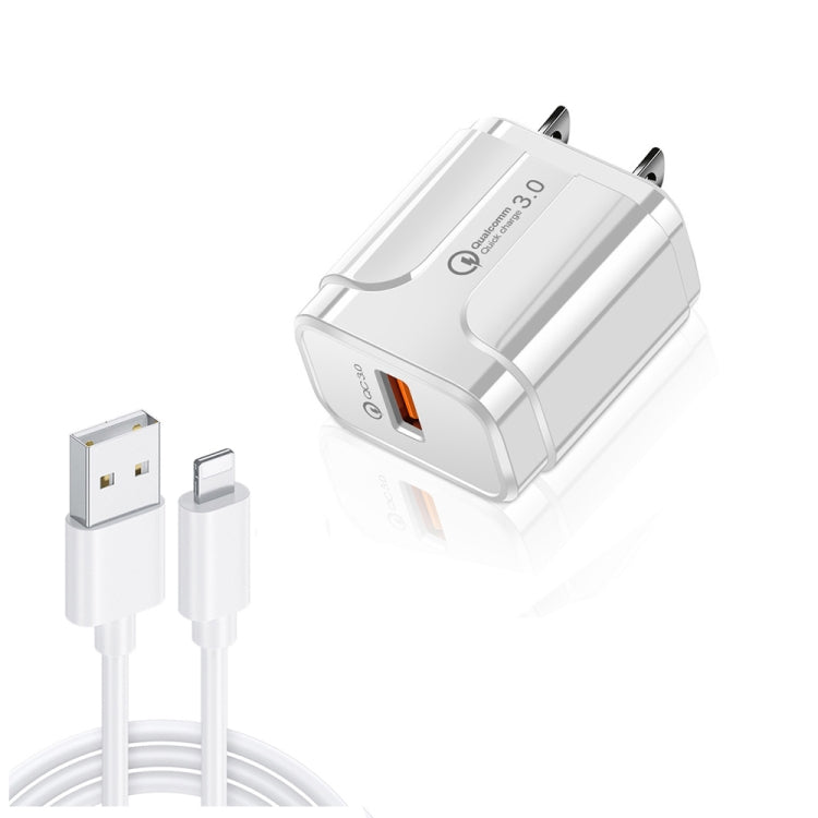 LZ-023 18W QC 3.0 USB Portable Travel Charger + 3A USB to 8 Pin Data Cable, US Plug, USB to 8 Pin Data Cable, US Plug, 8 Pin Data Cable, US Plug