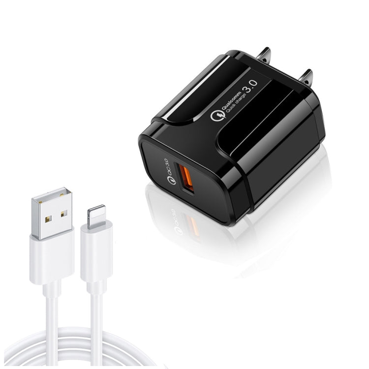 LZ-023 18W QC 3.0 USB Portable Travel Charger + 3A USB to 8 Pin Data Cable, US Plug, USB to 8 Pin Data Cable, US Plug, 8 Pin Data Cable, US Plug