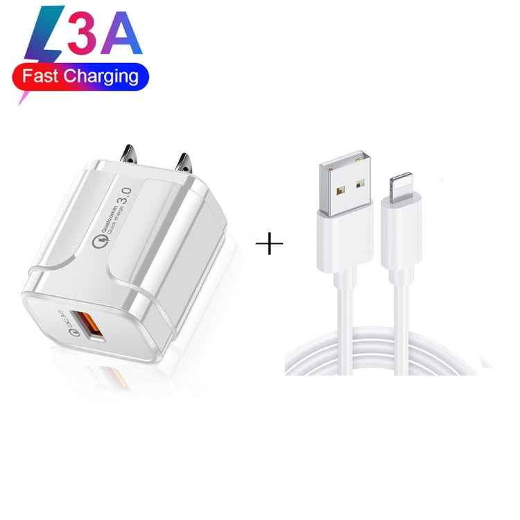 Chargeur de voyage portable USB LZ-023 18 W QC 3.0 + câble de données USB 3 A vers 8 broches, prise américaine, câble de données USB vers 8 broches, prise américaine, câble de données 8 broches, prise américaine