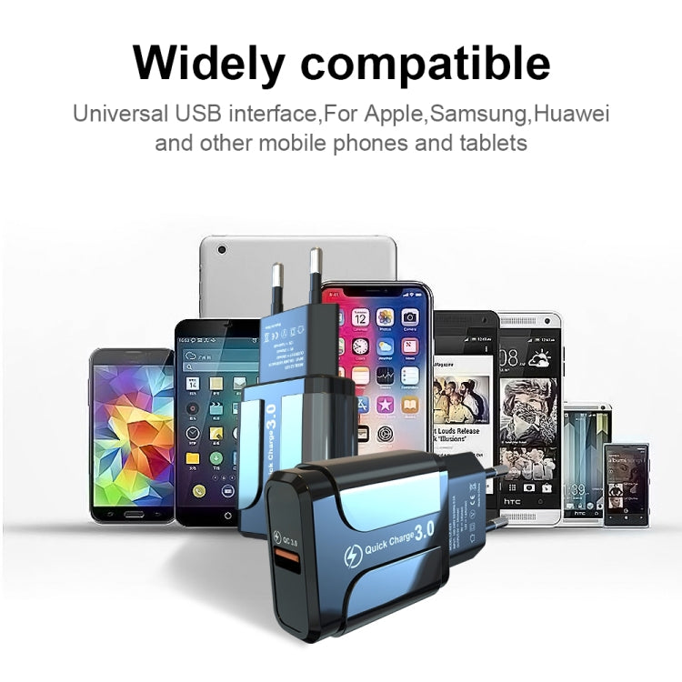 LZ-023 18W QC 3.0 USB Portable Travel Charger + 3A USB to 8 Pin Data Cable, EU Plug, 8 Pin Data Cable, EU Plug