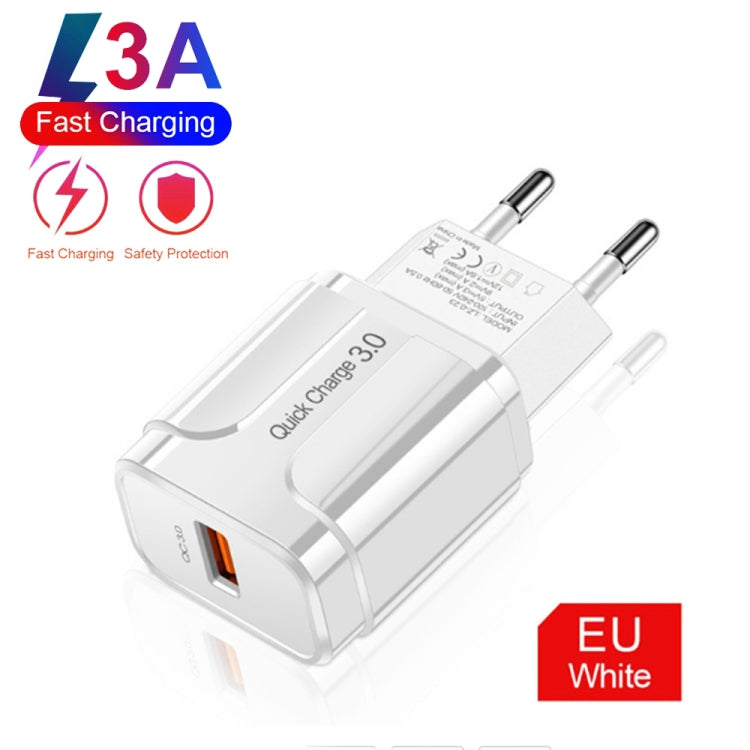 LZ-023 18W QC 3.0 USB Portable Travel Charger + 3A USB to 8 Pin Data Cable, EU Plug, 8 Pin Data Cable, EU Plug