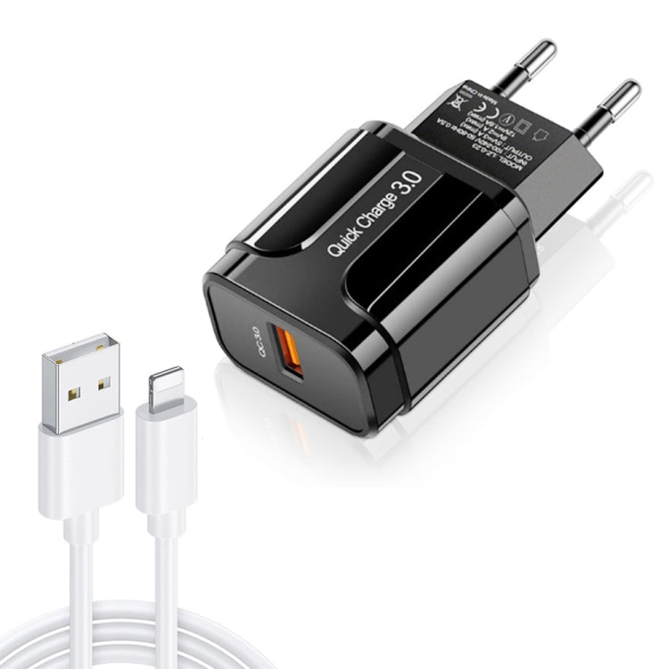 LZ-023 18W QC 3.0 USB Portable Travel Charger + 3A USB to 8 Pin Data Cable, EU Plug, 8 Pin Data Cable, EU Plug