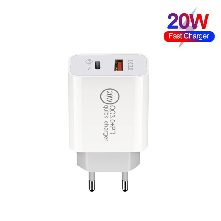 20W PD Type-C + QC 3.0 USB Interface Fast Charging Travel Charger with USB to 8 Pin Fast Charge Data Cable, EU Plug, US Plug, AU Plug