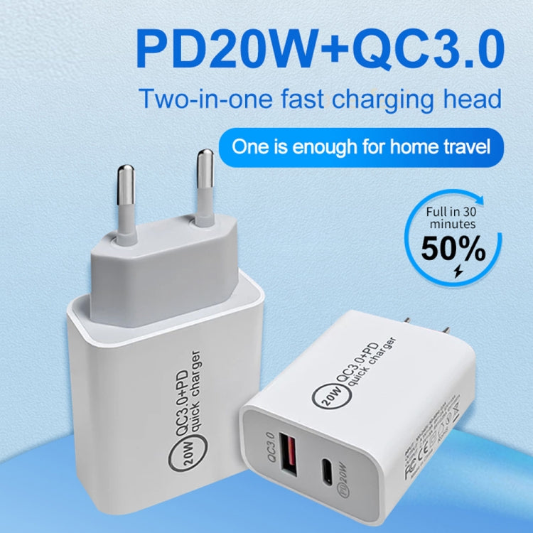 20W PD Type-C + QC 3.0 USB Interface Fast Charging Travel Charger with USB to 8 Pin Fast Charge Data Cable, EU Plug, US Plug, AU Plug