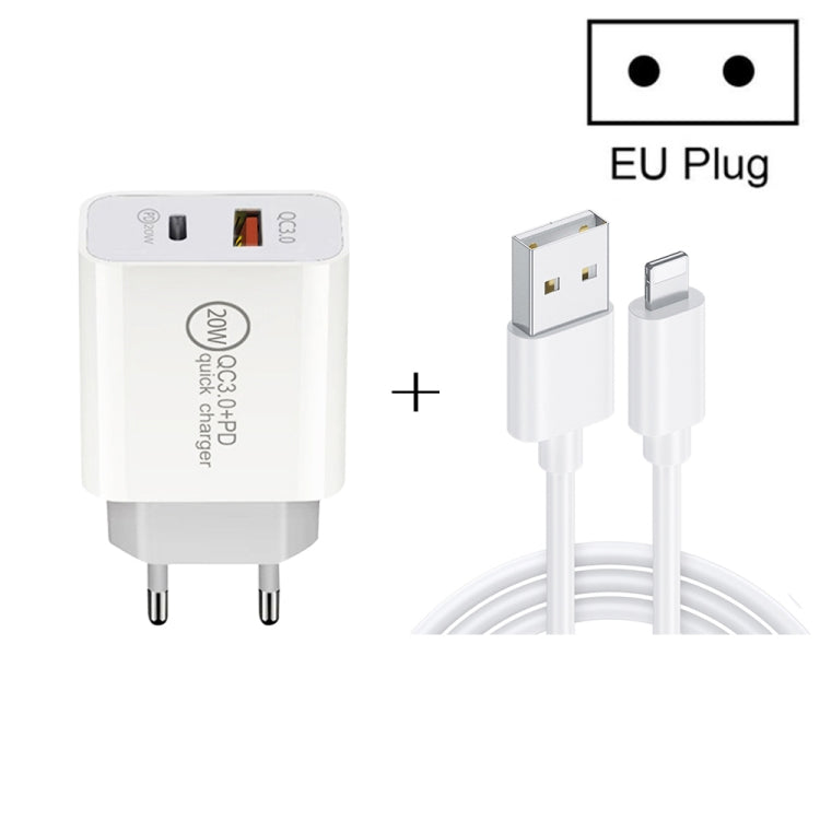 20W PD Type-C + QC 3.0 USB Interface Fast Charging Travel Charger with USB to 8 Pin Fast Charge Data Cable, EU Plug, US Plug, AU Plug