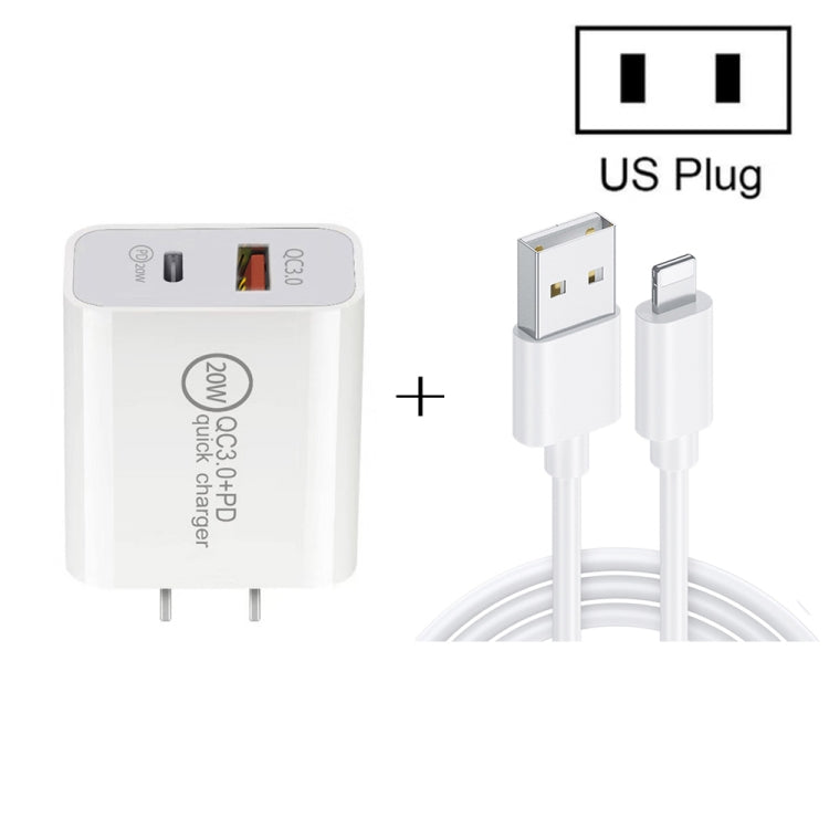 20W PD Type-C + QC 3.0 USB Interface Fast Charging Travel Charger with USB to 8 Pin Fast Charge Data Cable, EU Plug, US Plug, AU Plug
