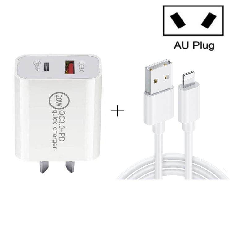 20W PD Type-C + QC 3.0 USB Interface Fast Charging Travel Charger with USB to 8 Pin Fast Charge Data Cable, EU Plug, US Plug, AU Plug