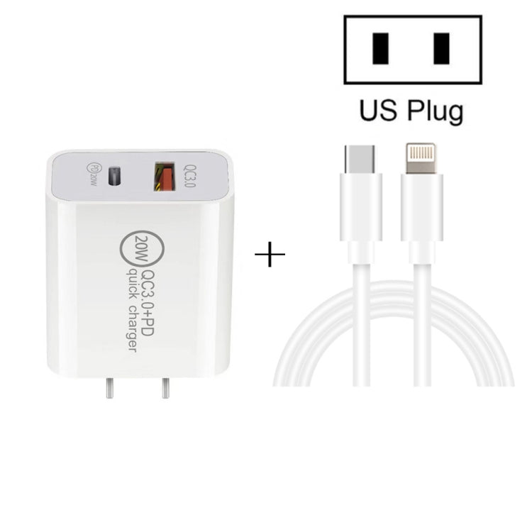 20W PD Type-C + QC 3.0 USB Interface Fast Charging Travel Charger with USB-C / Type-C to 8 Pin Fast Charge Data Cable, EU Plug, US Plug, AU Plug
