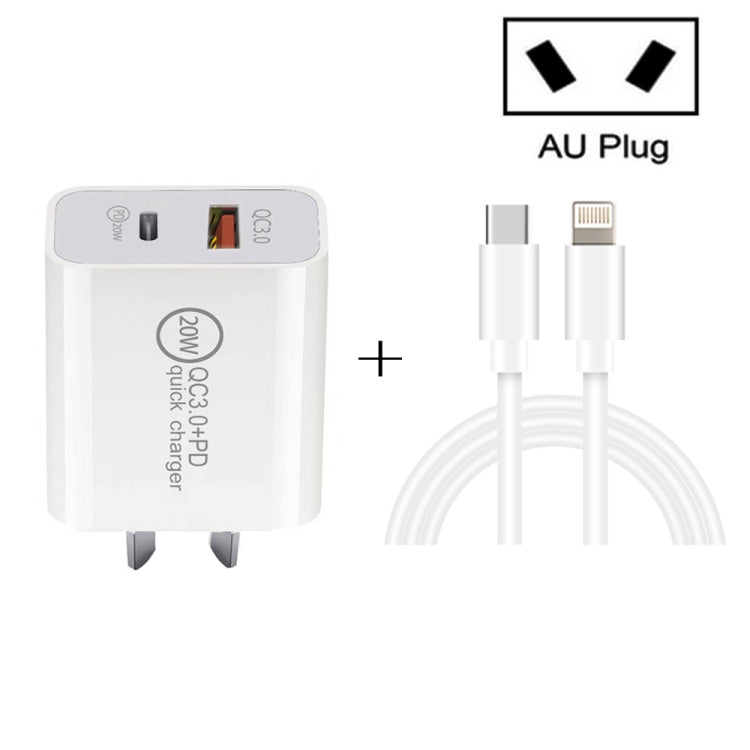 20W PD Type-C + QC 3.0 USB Interface Fast Charging Travel Charger with USB-C / Type-C to 8 Pin Fast Charge Data Cable, EU Plug, US Plug, AU Plug