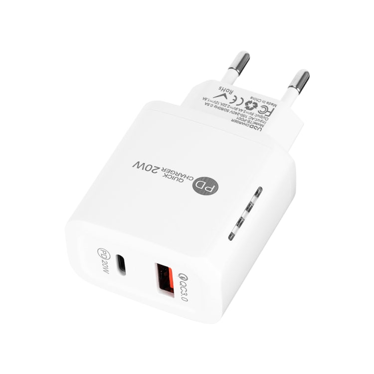 TE-PD01 PD 20W + QC3.0 USB Dual Ports Quick Charger with Indicator Light, EU Plug, EU Plug