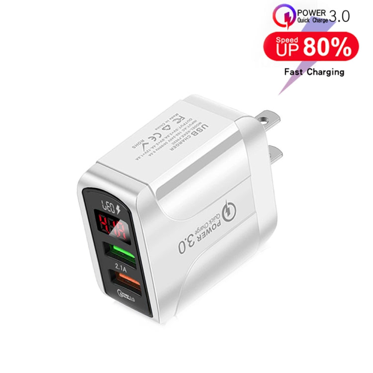 F002C QC3.0 USB + USB 2.0 LED Digital Display Fast Charger with USB to 8 Pin Data Cable, US Plug, US Plug +  8 Pin Cable