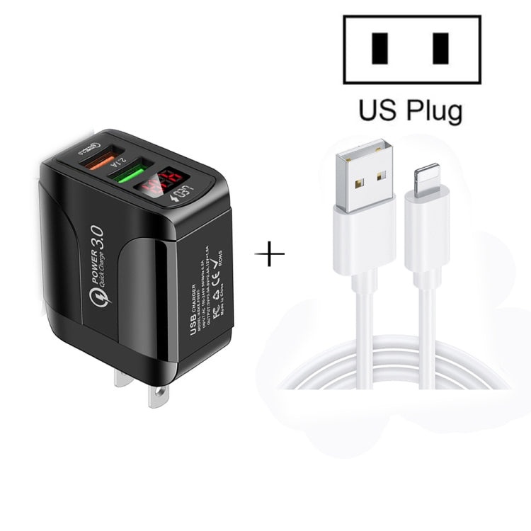 F002C QC3.0 USB + USB 2.0 LED Digital Display Fast Charger with USB to 8 Pin Data Cable, US Plug, US Plug +  8 Pin Cable