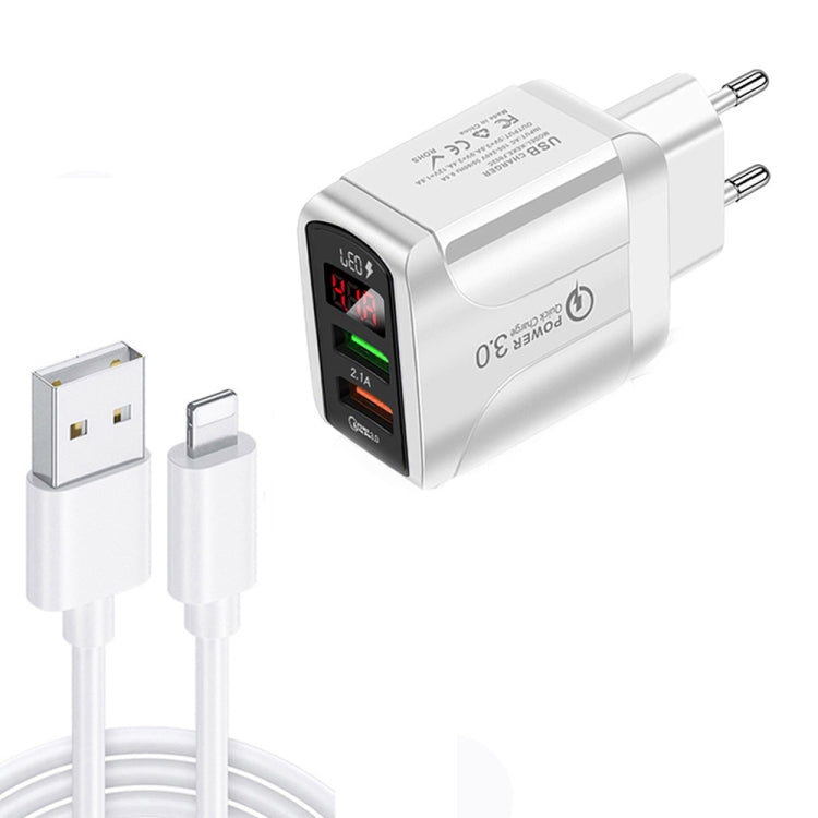 F002C QC3.0 USB + USB 2.0 LED Digital Display Fast Charger with USB to 8 Pin Data Cable, EU Plug, EU Plug +  8 Pin Cable