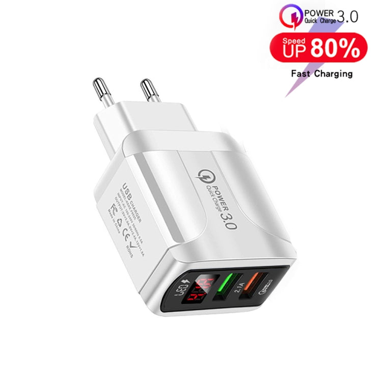 F002C QC3.0 USB + USB 2.0 LED Digital Display Fast Charger with USB to 8 Pin Data Cable, EU Plug, EU Plug +  8 Pin Cable