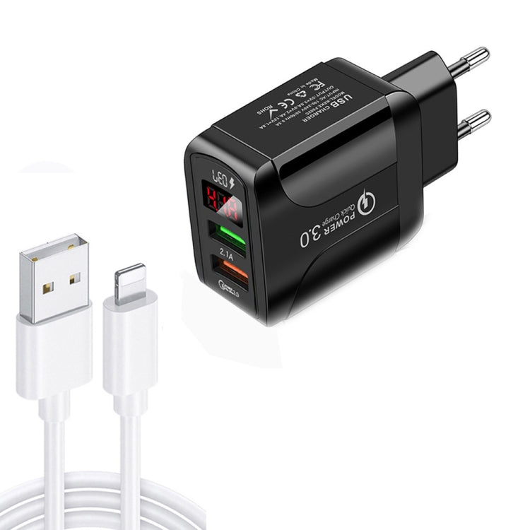 F002C QC3.0 USB + USB 2.0 LED Digital Display Fast Charger with USB to 8 Pin Data Cable, EU Plug, EU Plug +  8 Pin Cable