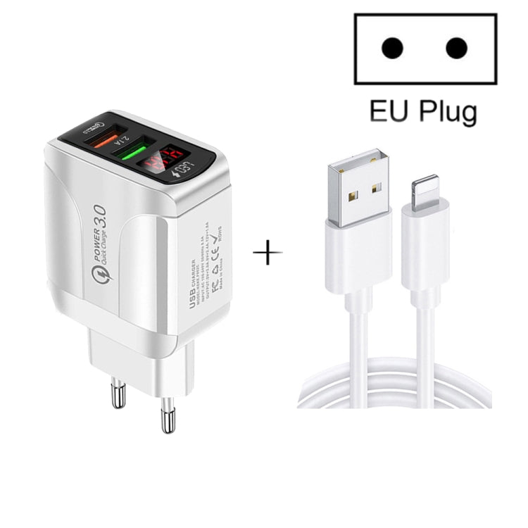 F002C QC3.0 USB + USB 2.0 LED Digital Display Fast Charger with USB to 8 Pin Data Cable, EU Plug, EU Plug +  8 Pin Cable