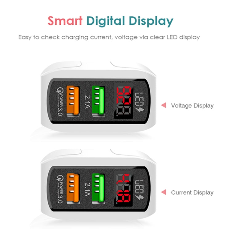 F002C QC3.0 USB + USB 2.0 LED Digital Display Fast Charger with USB to 8 Pin Data Cable, EU Plug, EU Plug +  8 Pin Cable