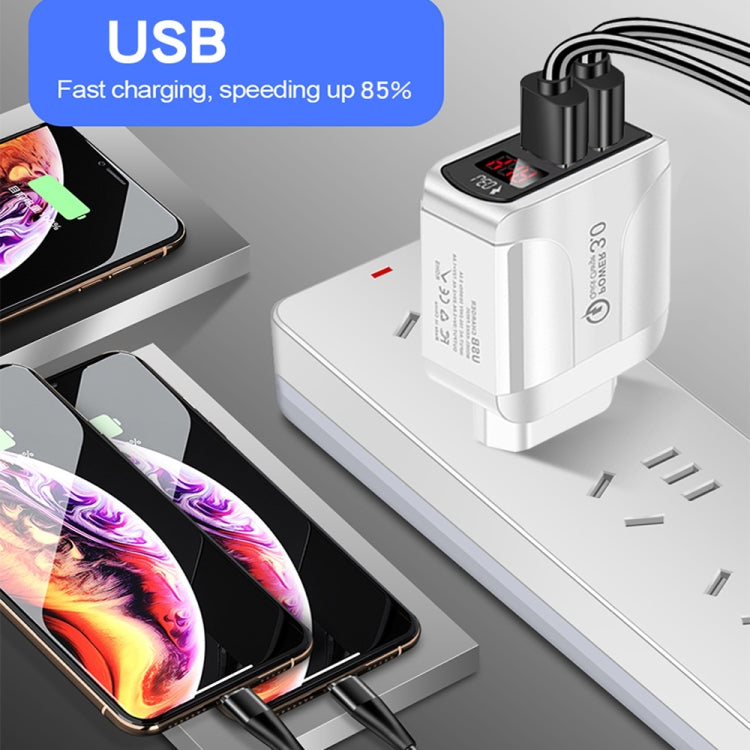 F002C QC3.0 USB + USB 2.0 LED Digital Display Fast Charger with USB to 8 Pin Data Cable, EU Plug, EU Plug +  8 Pin Cable