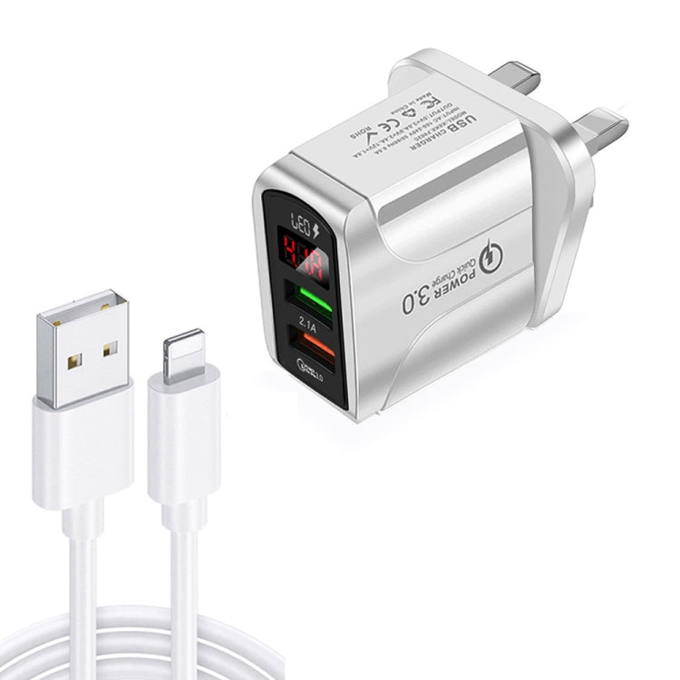F002C QC3.0 USB + USB 2.0 LED Digital Display Fast Charger with USB to 8 Pin Data Cable, UK Plug, UK Plug +  8 Pin Cable