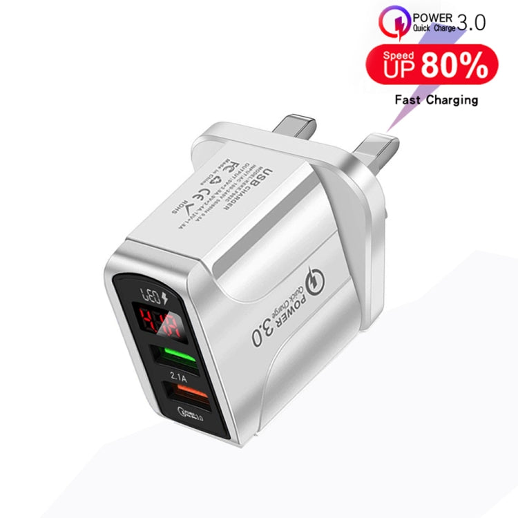 F002C QC3.0 USB + USB 2.0 LED Digital Display Fast Charger with USB to 8 Pin Data Cable, UK Plug, UK Plug +  8 Pin Cable