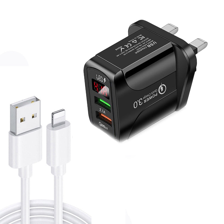F002C QC3.0 USB + USB 2.0 LED Digital Display Fast Charger with USB to 8 Pin Data Cable, UK Plug, UK Plug +  8 Pin Cable