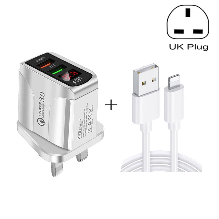 F002C QC3.0 USB + USB 2.0 LED Digital Display Fast Charger with USB to 8 Pin Data Cable, UK Plug, UK Plug +  8 Pin Cable