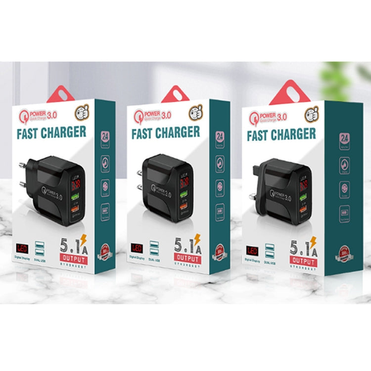 F002C QC3.0 USB + USB 2.0 LED Digital Display Fast Charger with USB to 8 Pin Data Cable, UK Plug, UK Plug +  8 Pin Cable