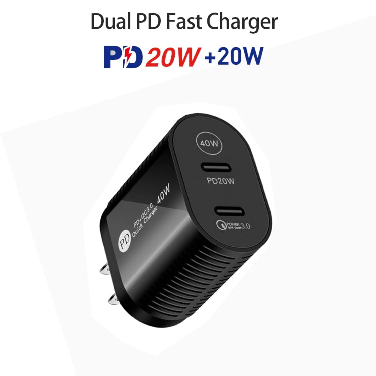 Chargeur rapide 40 W double port PD/Type-C avec câble de données Type-C vers 8 broches, prise américaine, prise américaine + câble Type-C vers 8 broches