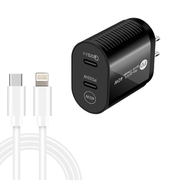 Chargeur rapide 40 W double port PD/Type-C avec câble de données Type-C vers 8 broches, prise américaine, prise américaine + câble Type-C vers 8 broches