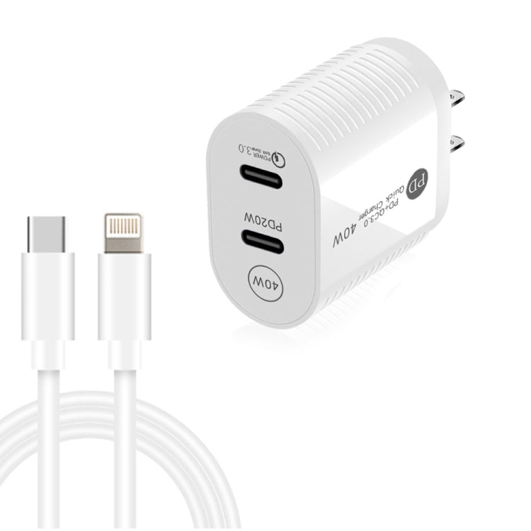 Chargeur rapide 40 W double port PD/Type-C avec câble de données Type-C vers 8 broches, prise américaine, prise américaine + câble Type-C vers 8 broches