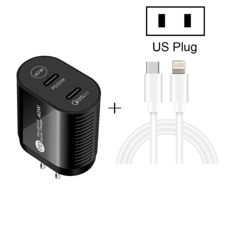Chargeur rapide 40 W double port PD/Type-C avec câble de données Type-C vers 8 broches, prise américaine, prise américaine + câble Type-C vers 8 broches