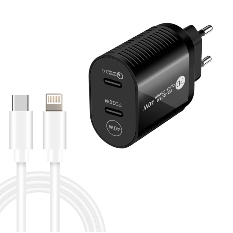 Chargeur rapide 40 W double port PD/Type-C avec câble de données Type-C vers 8 broches, prise UE, prise UE + câble Type-C vers 8 broches