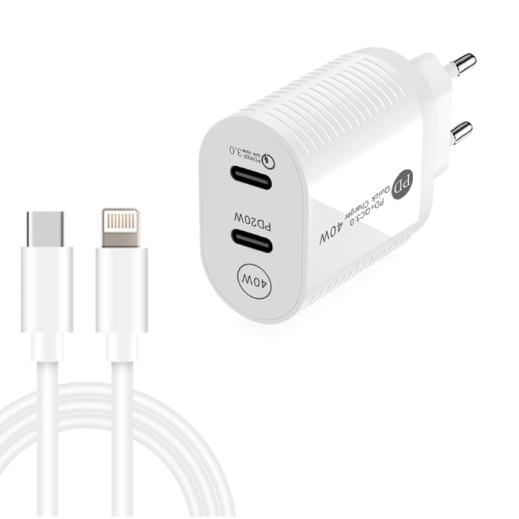 Chargeur rapide 40 W double port PD/Type-C avec câble de données Type-C vers 8 broches, prise UE, prise UE + câble Type-C vers 8 broches
