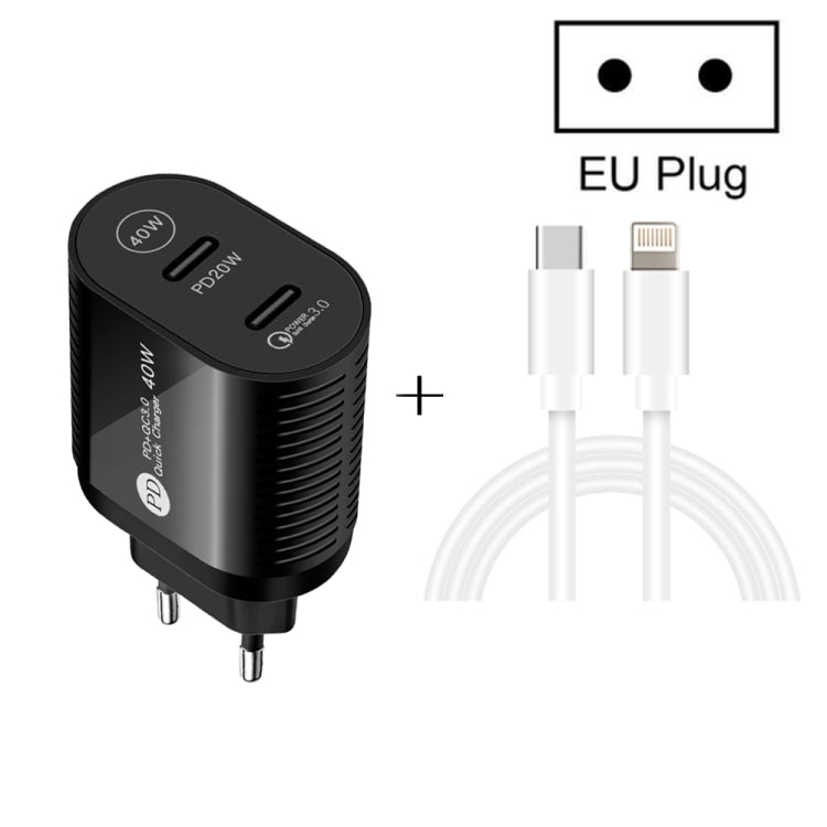 Chargeur rapide 40 W double port PD/Type-C avec câble de données Type-C vers 8 broches, prise UE, prise UE + câble Type-C vers 8 broches