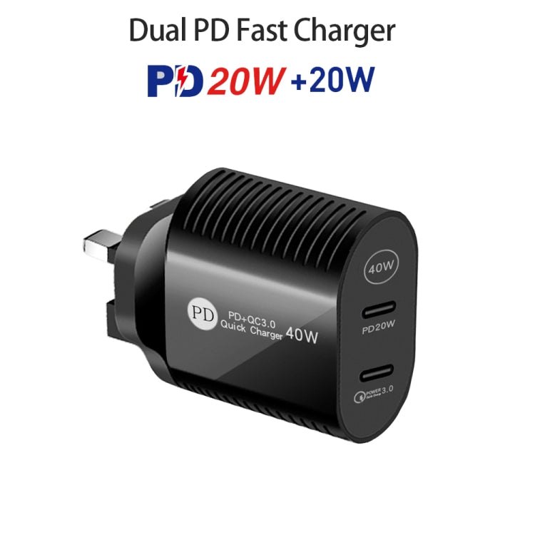 40W Dual Port PD / Type-C Fast Charger with Type-C to 8 Pin Data Cable, UK Plug, UK Plug + Type-C to 8 Pin Cable