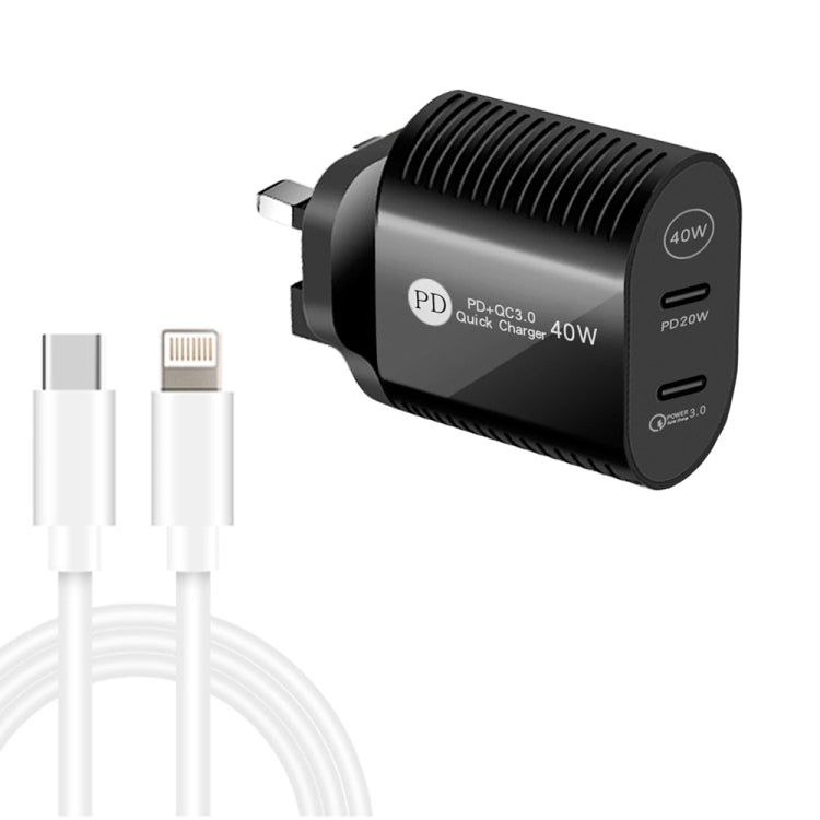 Chargeur rapide 40 W double port PD/Type-C avec câble de données Type-C vers 8 broches, prise britannique, prise britannique + câble Type-C vers 8 broches