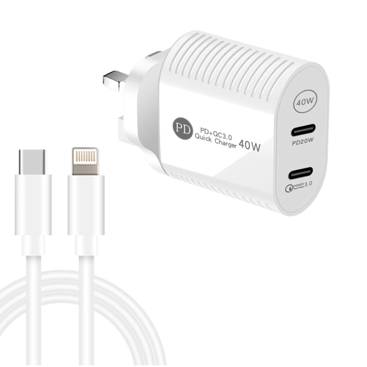 Chargeur rapide 40 W double port PD/Type-C avec câble de données Type-C vers 8 broches, prise britannique, prise britannique + câble Type-C vers 8 broches